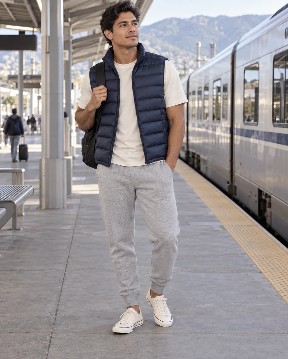 Young adult Latino man wearing a navy packable down vest over a cream tee with light-gray joggers and off-white sneakers at a train platform