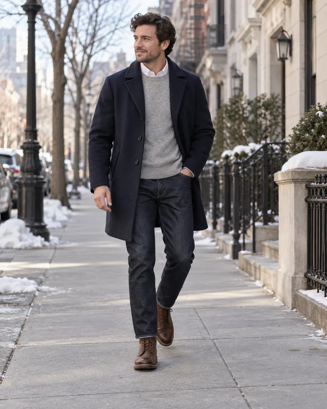 Man wearing a navy wool overcoat over a light-gray crewneck and white collared shirt with dark jeans and brown boots