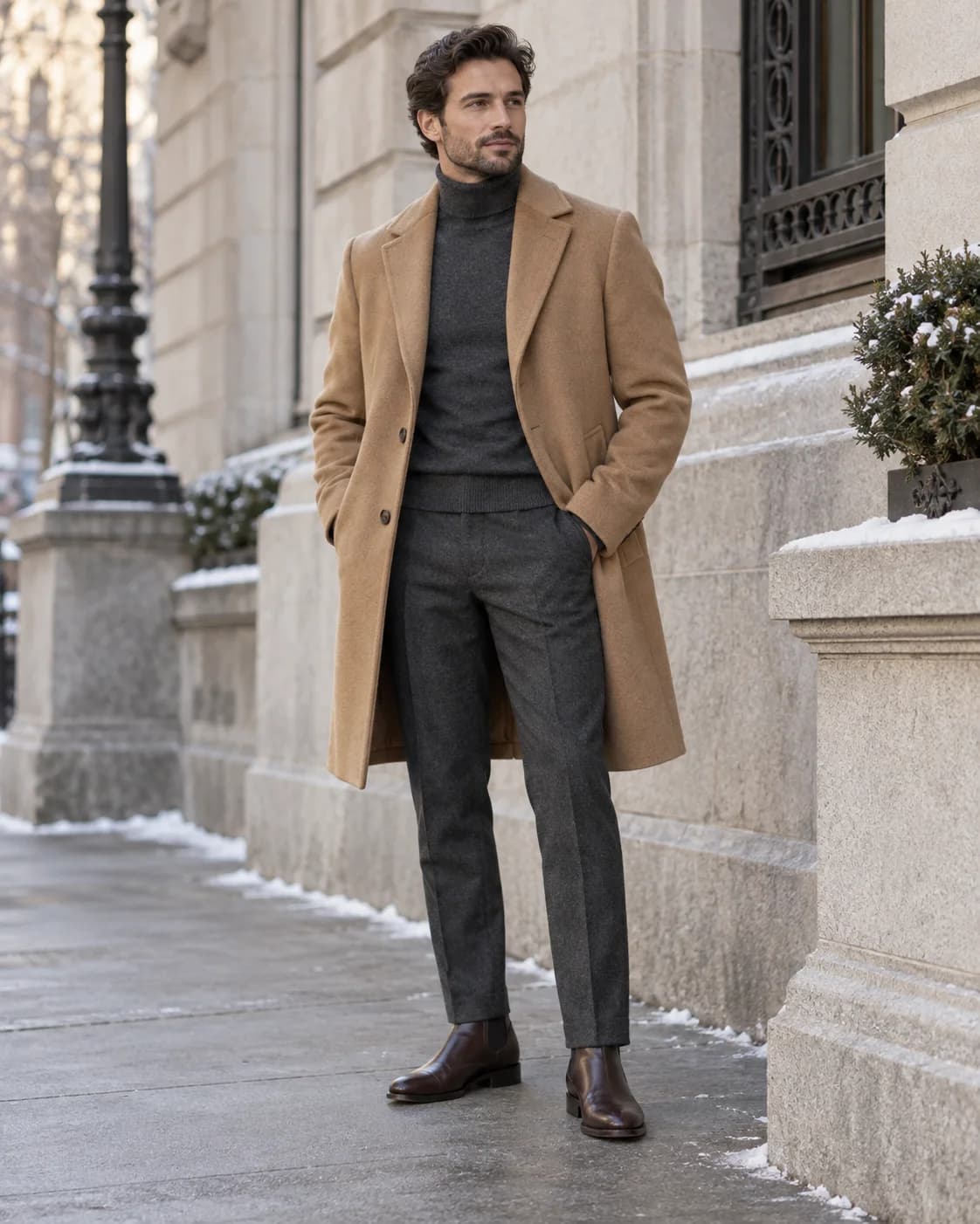 Man in a camel topcoat, charcoal turtleneck, gray trousers and brown leather boots on a winter city sidewalk