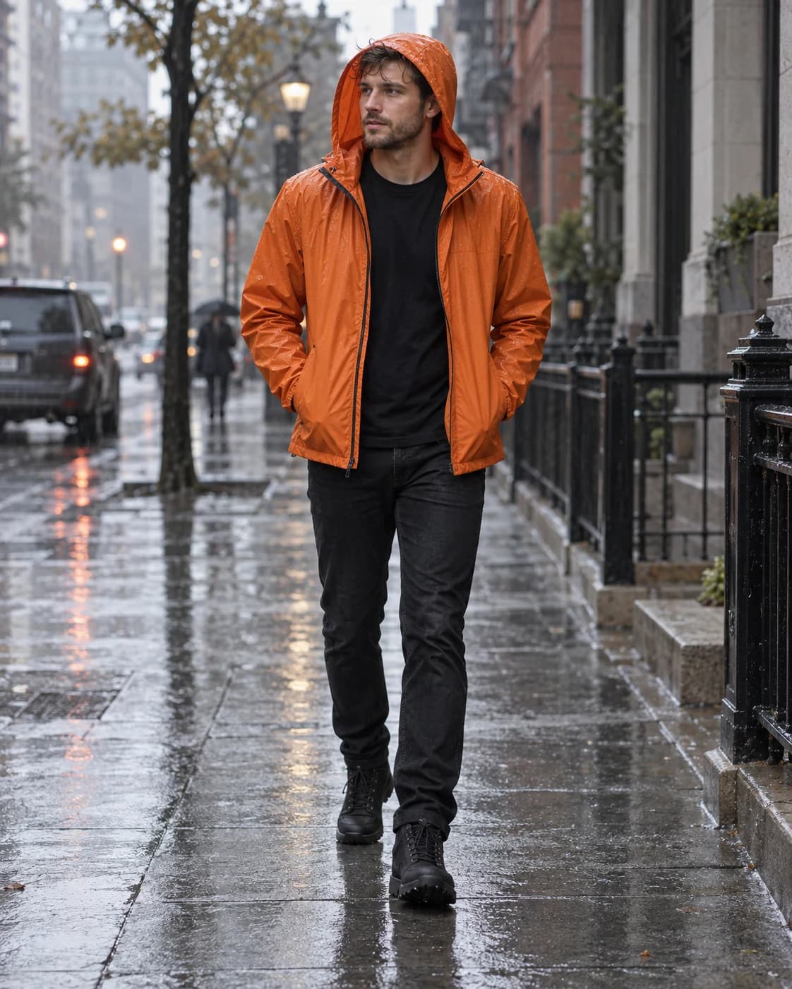 Adult East Asian man wearing an orange lightweight rain jacket over a black tee with black jeans and waterproof black boots on a wet city street