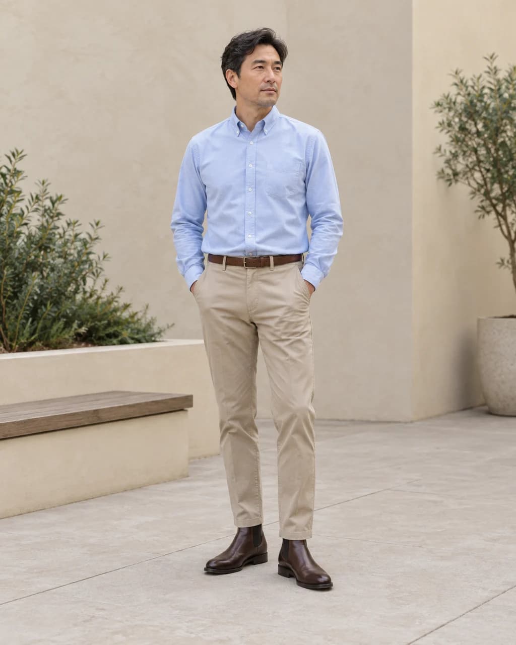 Man wearing a tucked pale blue Oxford, stone chinos and dark brown leather Chelsea boots