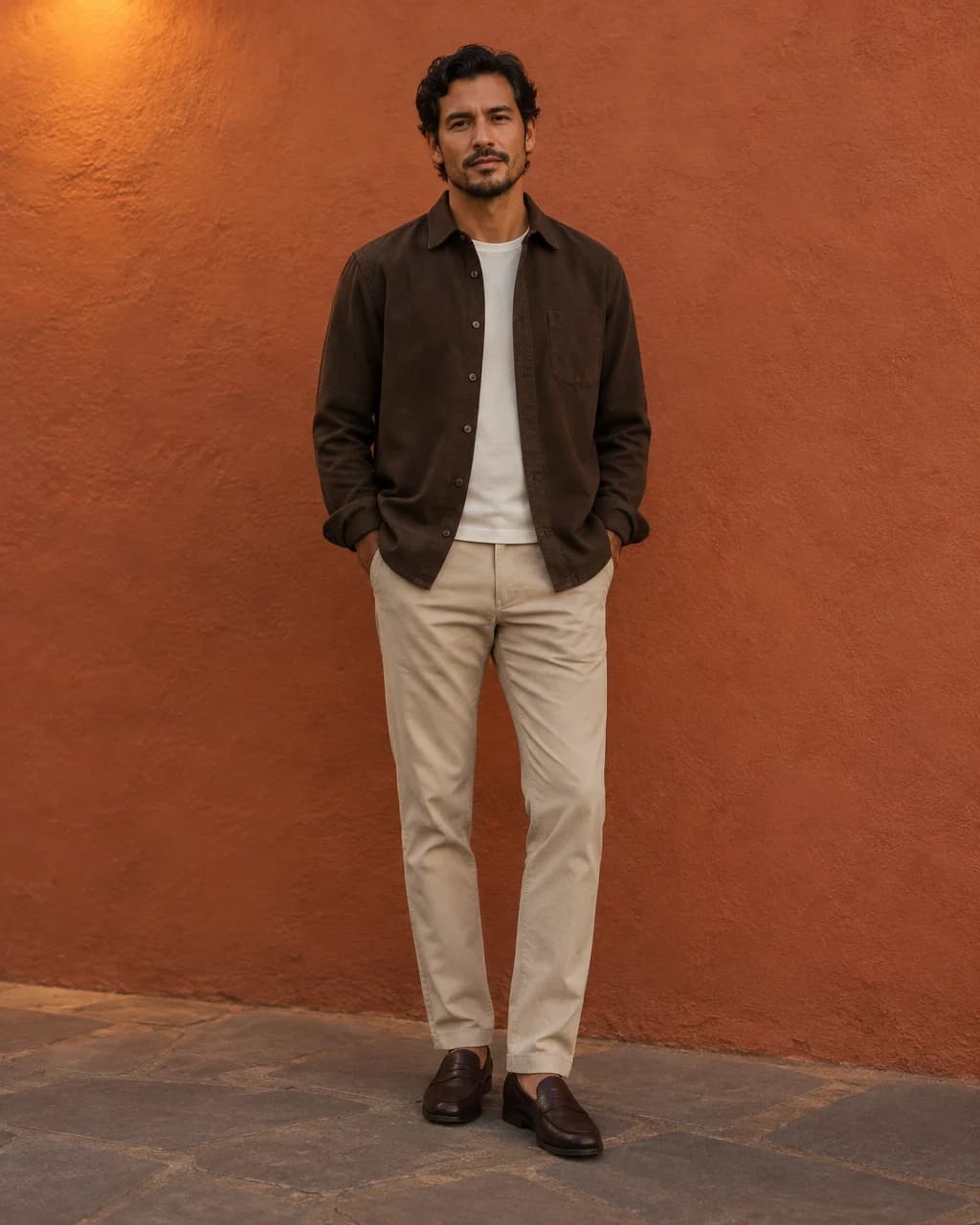 Man wearing an open coffee brown overshirt, cream tee, stone chinos and brown loafers by a terracotta wall
