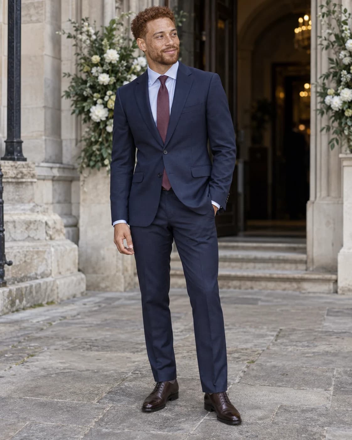 Auburn-haired man wearing a navy suit, pale blue shirt, muted burgundy tie and dark brown dress shoes