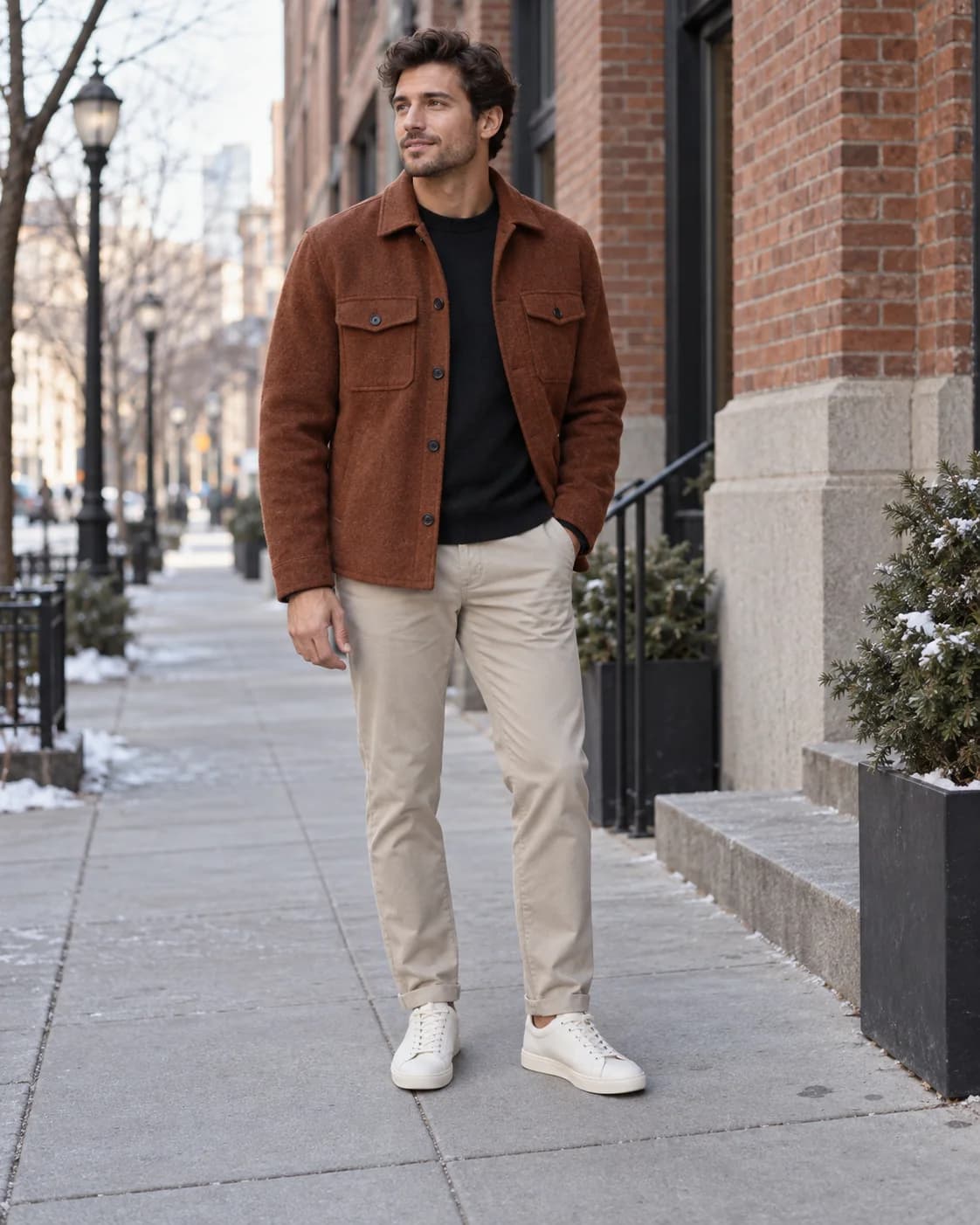 Man wearing a rust-brown overshirt over a black top with stone trousers and off-white sneakers on a city sidewalk