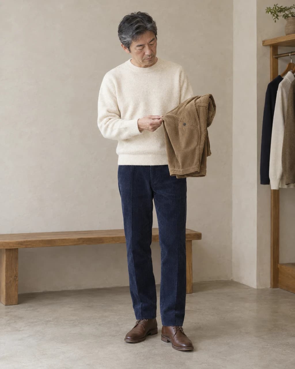 Man in navy corduroy trousers and brown boots inspecting folded tan corduroy pants beside a wooden bench