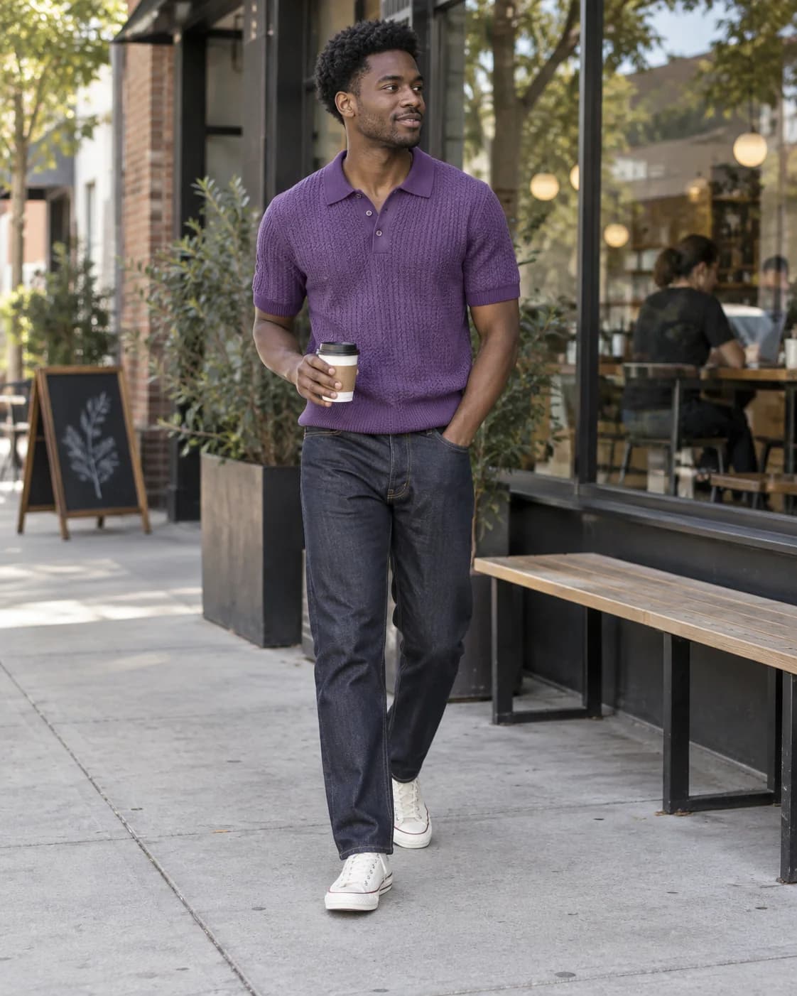 Young Black man wearing a purple textured knit polo, dark jeans and off-white sneakers near a cafe