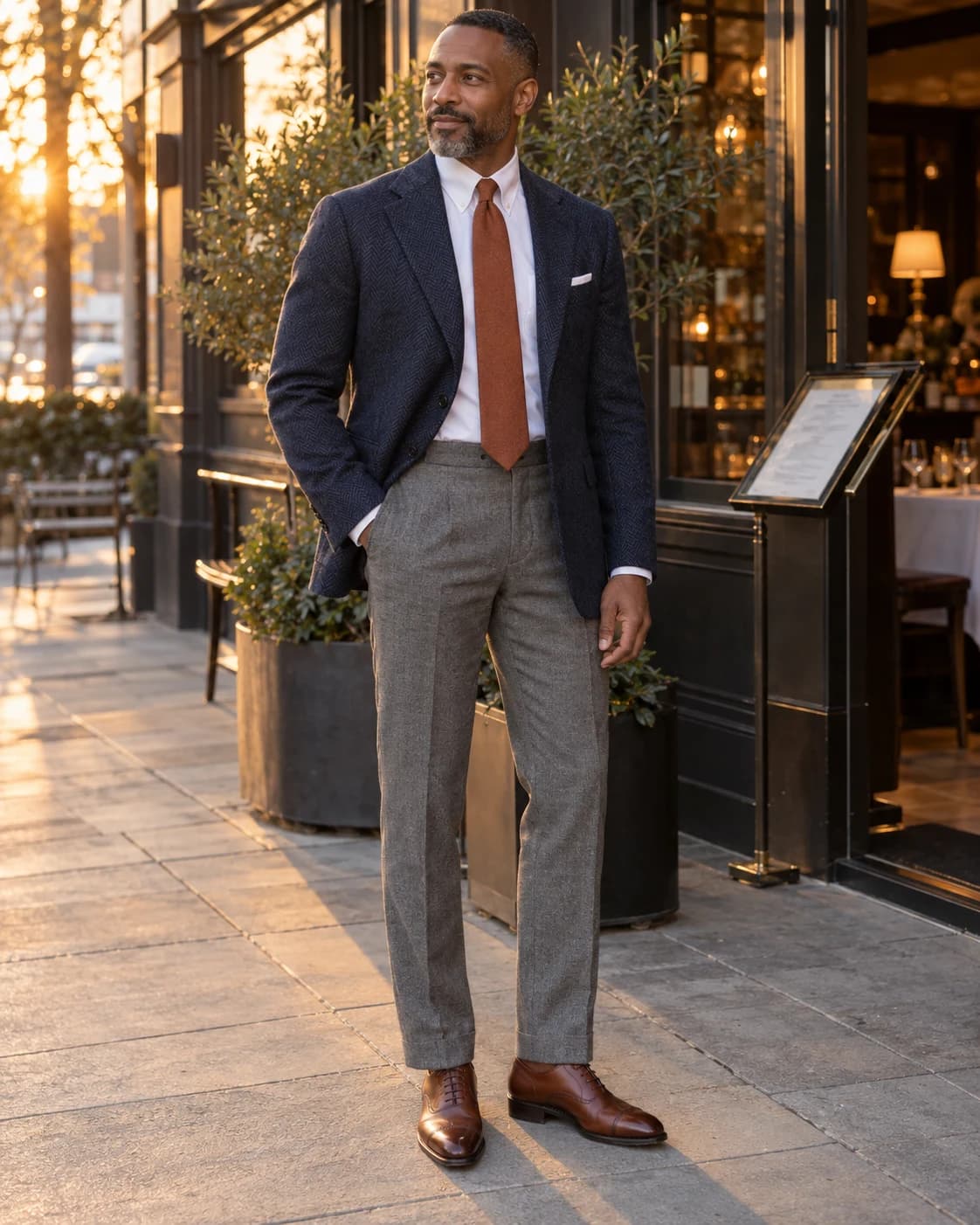 Adult Black man in a navy herringbone blazer, white Oxford and rust tie with gray trousers and brown Oxfords