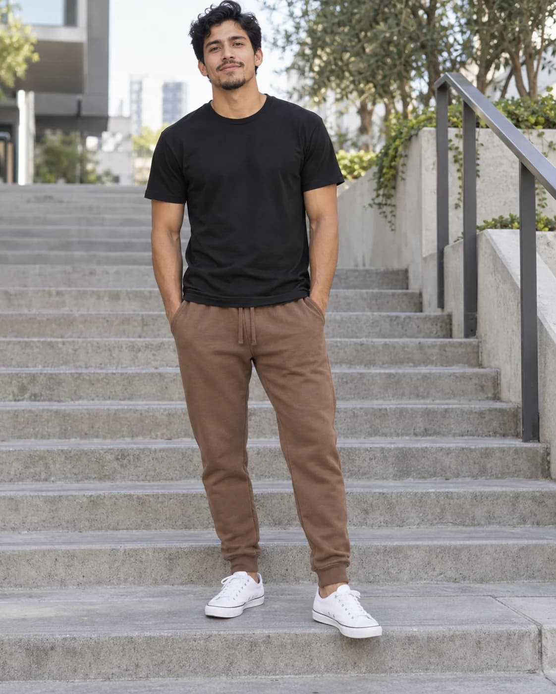 Latino man in medium-brown fleece joggers with a black tee and optical-white low-top sneakers