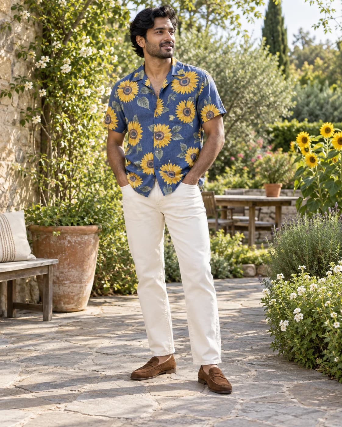 Blue short-sleeve shirt printed with yellow sunflowers, ecru straight jeans and brown suede loafers in a sunny garden