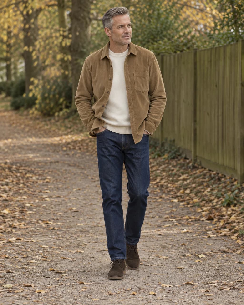 Man wearing tan corduroy overshirt, ivory sweater, dark jeans and brown suede desert boots on an autumn path