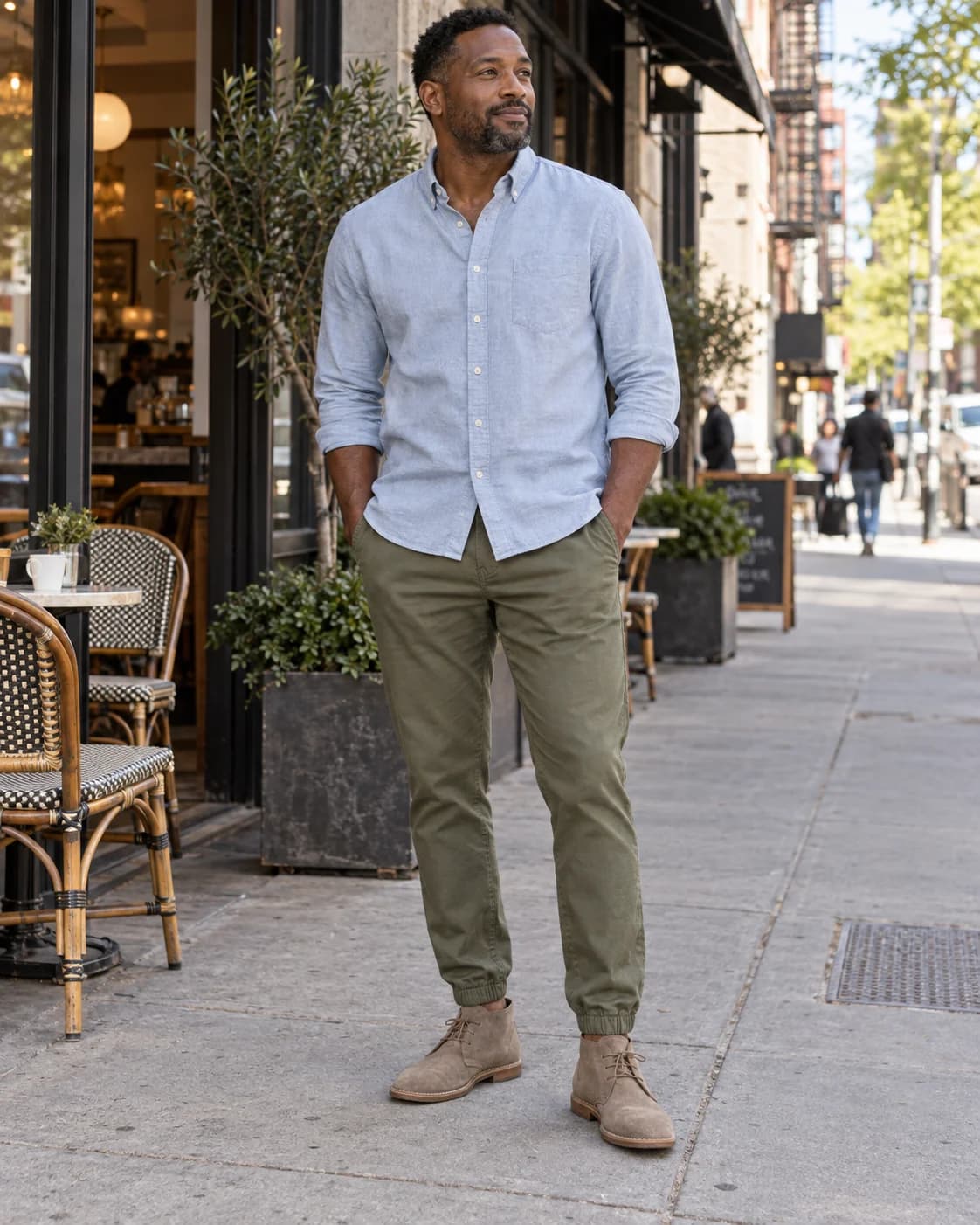 Black man in olive twill joggers, a pale blue chambray shirt and taupe suede chukka boots