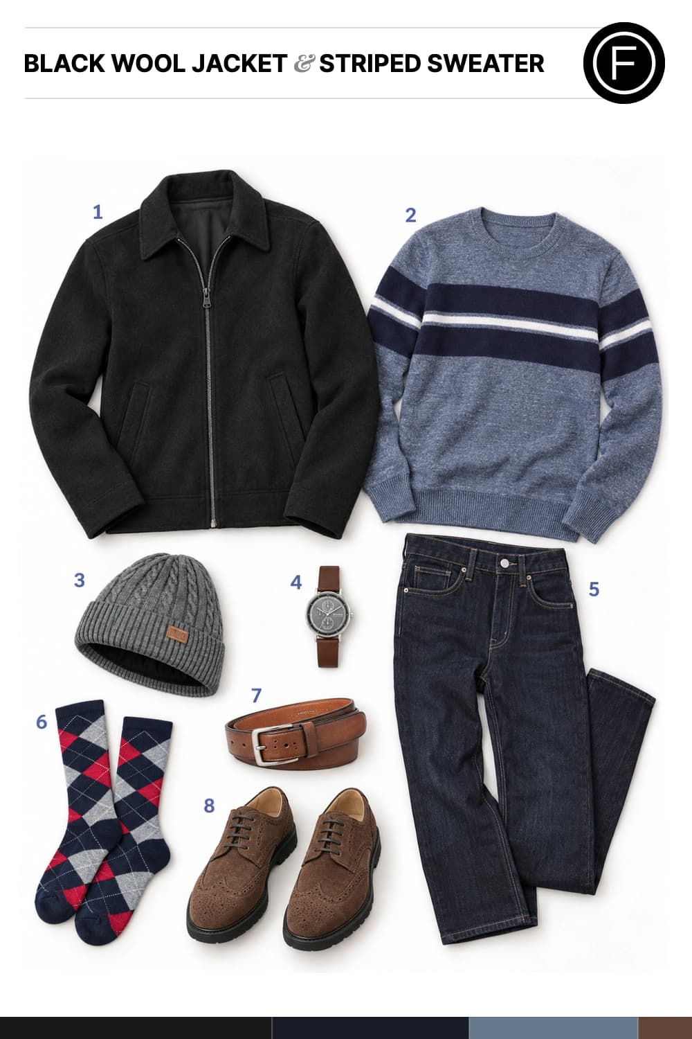 Ben Affleck’s Black Wool Jacket & Striped Sweater Outfit