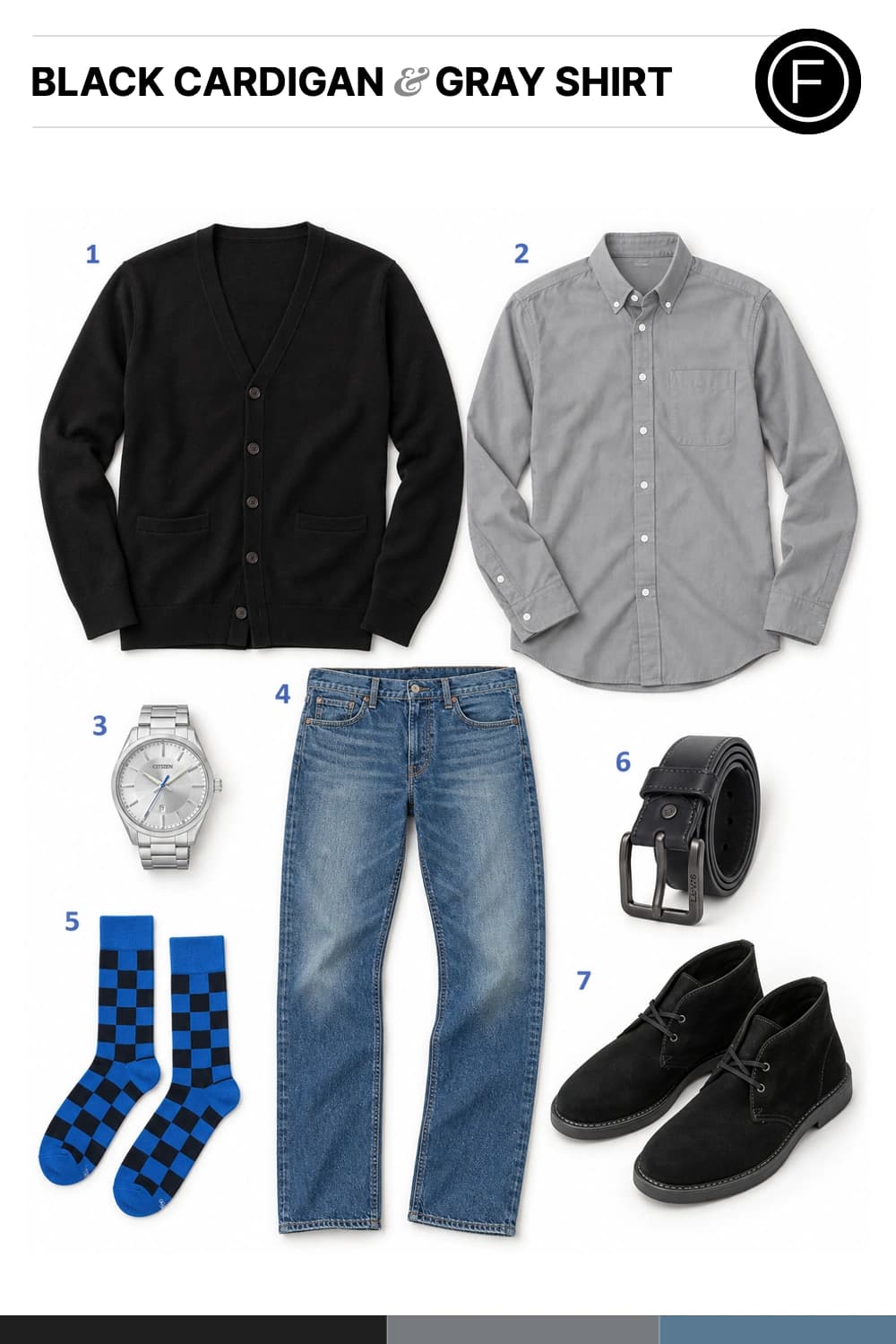 Shopping flatlay for Daniel Craig’s Black Cardigan & Gray Shirt Outfit