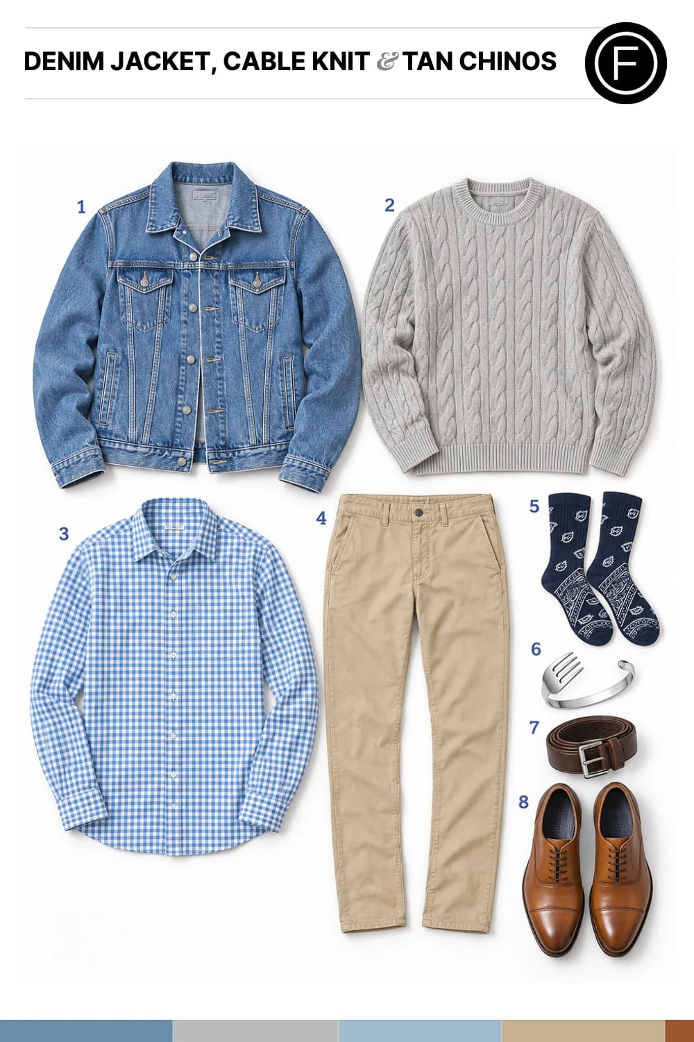 Colton Haynes’s Denim Jacket, Cable Knit & Tan Chinos Outfit