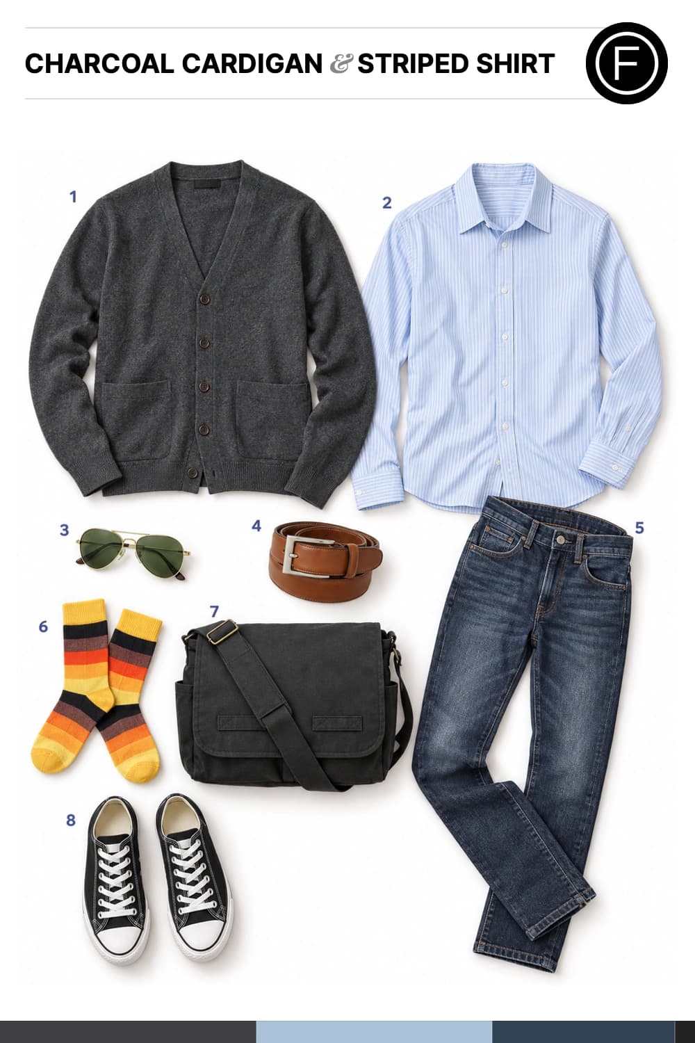Elijah Wood’s Charcoal Cardigan & Striped Shirt Outfit