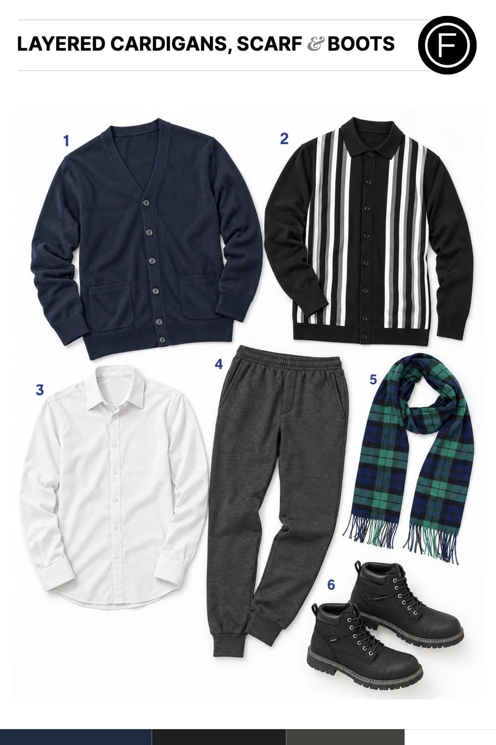 Osamu Mukai’s Layered Cardigans, Scarf & Boots Outfit
