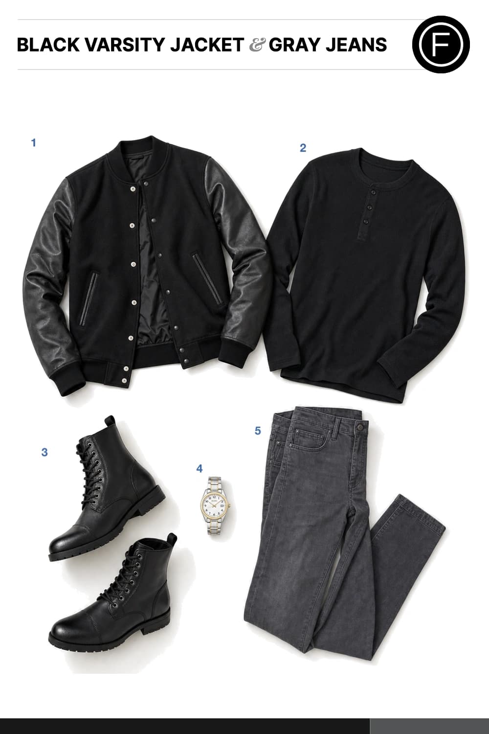 Ryan Gosling’s Black Varsity Jacket & Gray Jeans Outfit