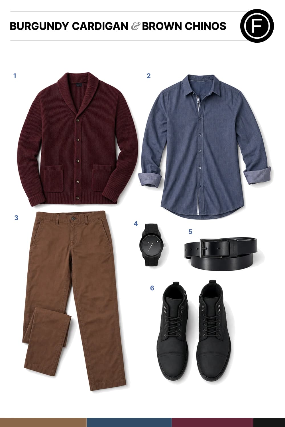 Shopping flatlay for Zac Efron’s Burgundy Cardigan & Brown Chinos Outfit