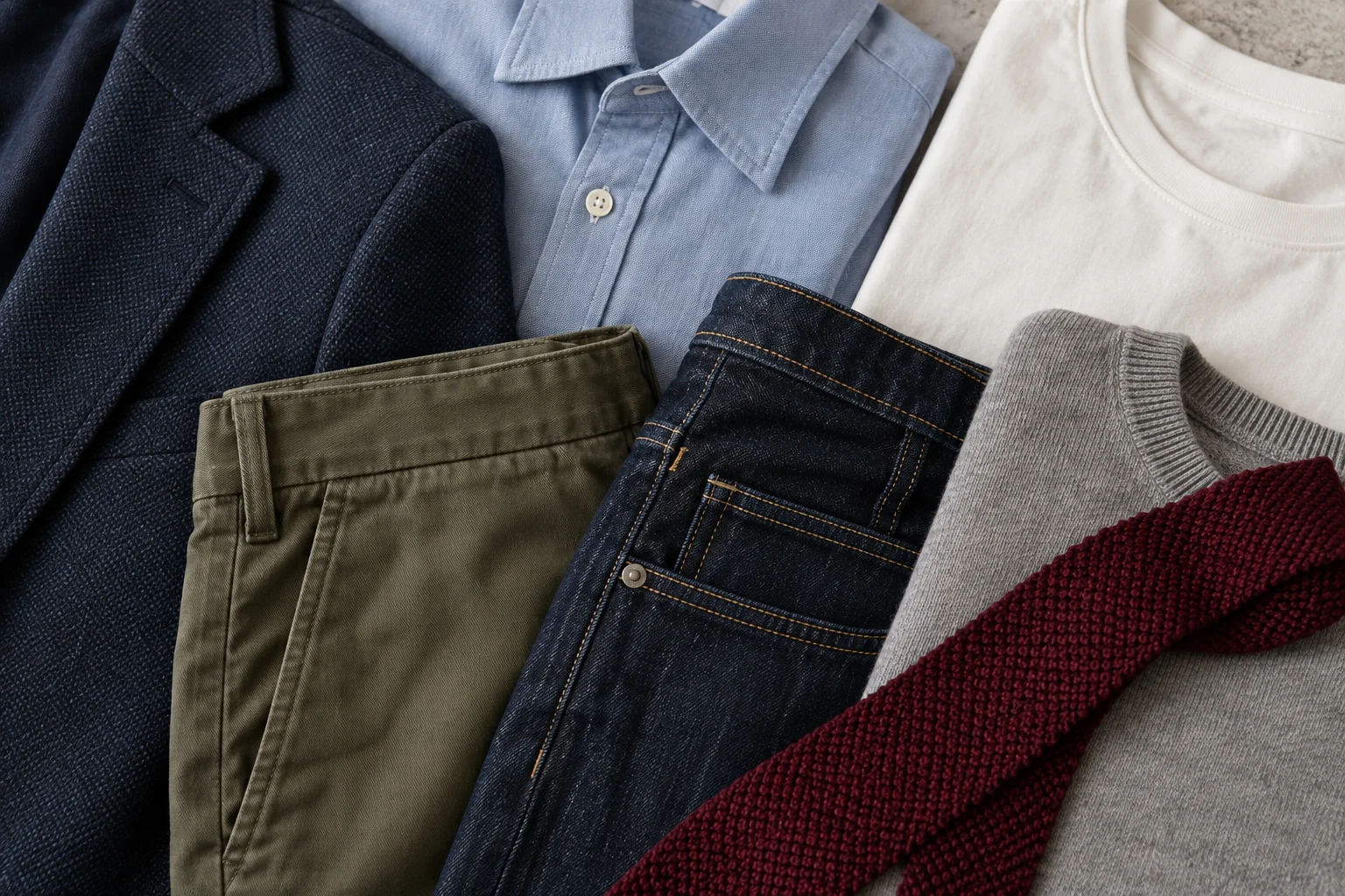 Navy, pale-blue, white, olive and gray fabrics with a burgundy tie