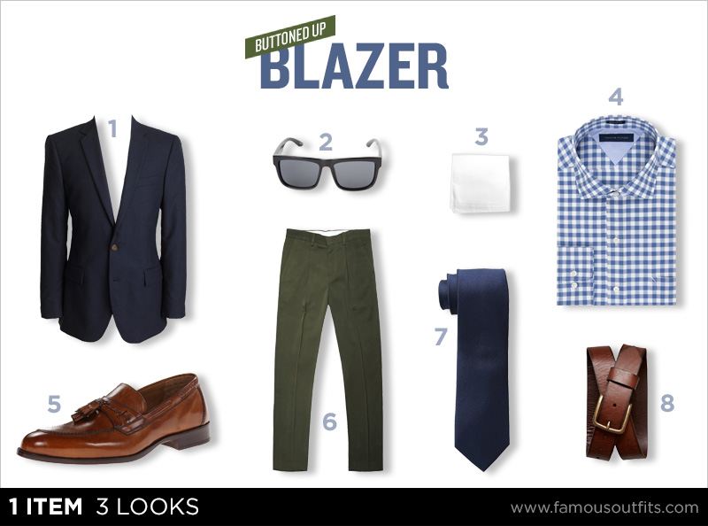 Navy blazer + blue gingham shirt + olive chinos + tassel loafers outfit collage with numbered shoppable pieces