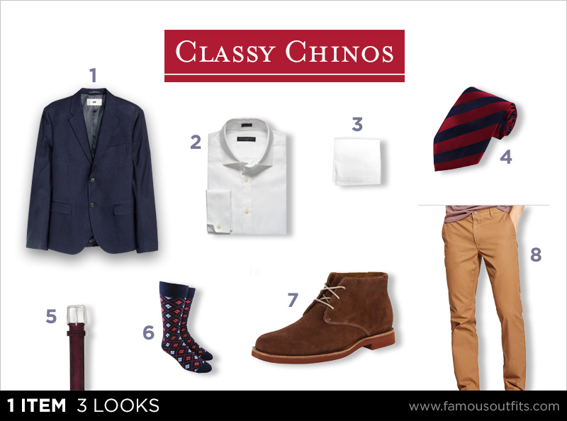Navy blazer + white shirt + brown chinos + chukka boots outfit collage with numbered shoppable pieces
