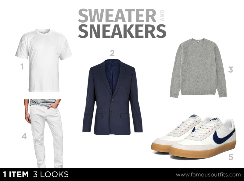 Navy blazer + gray crewneck + white jeans + retro sneakers outfit collage with numbered shoppable pieces